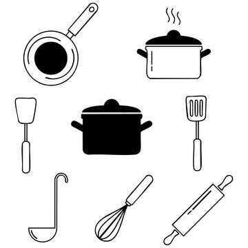 Black and white kitchen utensils and cookware icons with rolling pin cookware utensils equipment illustration culinary gastronomy