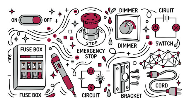Electrical and safety concept icons with fuse box, emergency stop, dimmer for web design in outline style