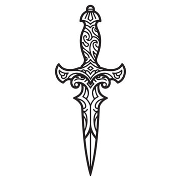 Ornamental dagger vector illustration with tribal swirl patterns and sharp blade for tattoo design and fantasy gaming