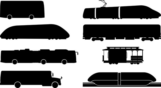 Public transportation vehicles silhouette vector set including city bus tram train and school bus icons