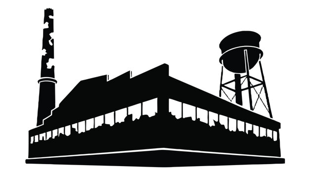 Flat black vector silhouette of an abandoned factory with broken windows, a water tower, and a crumbling smokestack for post‑industrial landscape designs.