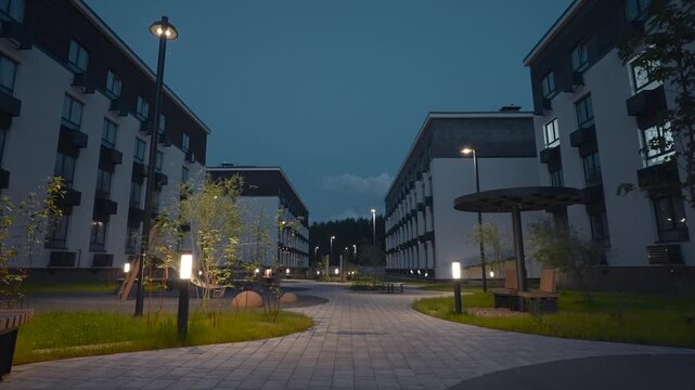 Residential Courtyard Path Shifting from Dusk to Night