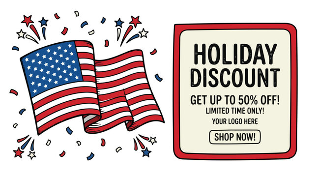 American flag with holiday discount advertisement and fireworks on white background with patriotic stars and stripes.