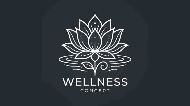 Wellness concept logo features a white lotus flower on a dark background with calm water.