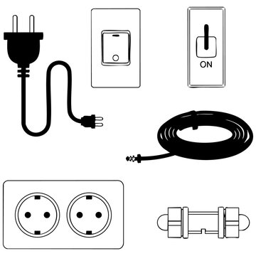 Electrical switches and power outlets vector set with plug and extension cord electrical electric technology connection hardware