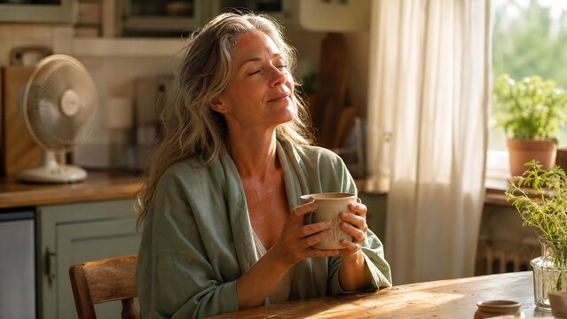 Midlife Woman Hot Flash Morning Kitchen Menopause Acceptance Authentic