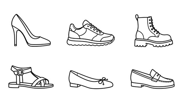 Footwear icon set featuring high heels, sneakers, boots, sandals, flats, and loafers. Perfect for fashion stores, shoe catalogs, apparel branding, online shopping, retail promotions.