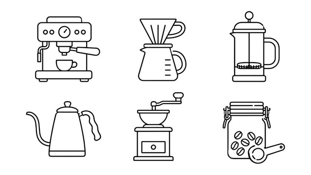 Coffee brewing icon collection with espresso machine, pour over dripper, french press, kettle, grinder, and coffee jar.