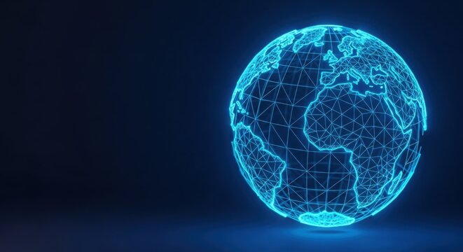 Glowing digital globe with connected network dots on dark background illustration futuristic