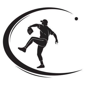 Baseball pitcher silhouette vector with throwing motion and ball for sports team logo and athletic branding