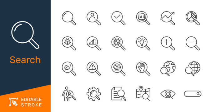 Search thin line icon collection for data find, web SEO and information discovery concept. Editable stroke. Pixel perfect.