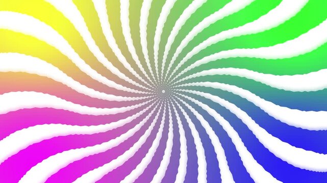 Hypnotic rainbow spiral radiating outwards with wavy motion, Sunburst rotating animation background 4k loop