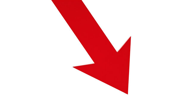 Red 3d arrow pointing down isolated on black background, glossy rightward downward cursor indicator icon, financial crisis loss and business decrease graphic element