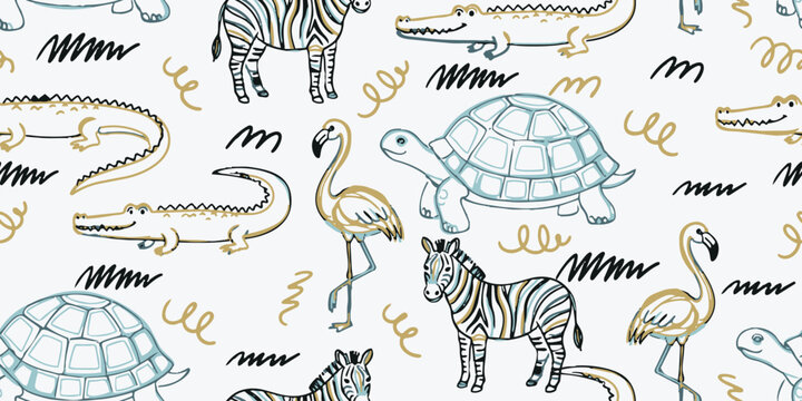Hand-drawn seamless pattern featuring cute zebras, turtles, flamingos, and crocodiles on a light background. Perfect for kids textile and nursery.