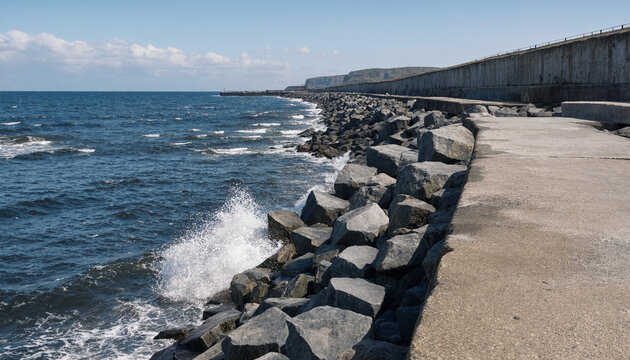 Waves breaking against a rocky stone seawall coastal defense structure on a sunny day with breakwater shoreline protection outdoors landscape daylight splashing pavement structure