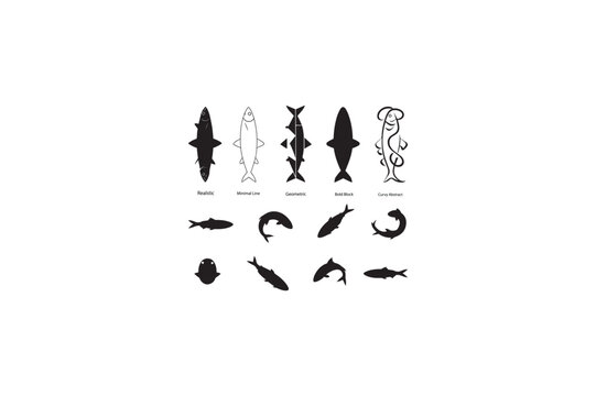 Vector silhouettes of silverside fish, diverse artistic styles from realistic to abstract, pure black shapes, isolated on a stark white background, clean lines, set of multiple fish designs..eps