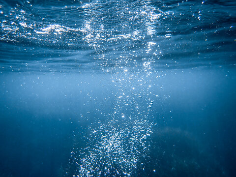 Underwater blue ocean wide background with sandy sea bottom, Real natural underwater view of the Mediterranean Sea, undersea and underocean, under water empty swimming pool background with copy space.