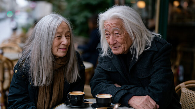 Two older adults on a first date at a small caf&eacute; table, coffee cups between them, both leaning forward slightly mid-conversation, silver-haired and dressed with care, a visible warmth of unexpected 