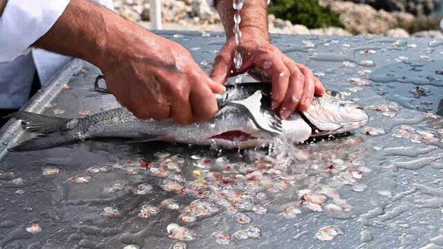 Super realistic chef cleaning fresh whole fish under flowing water in outdoor coastal kitchen, removing scales with professional fish scaler, water splashes captured in slow motion, natural daylight