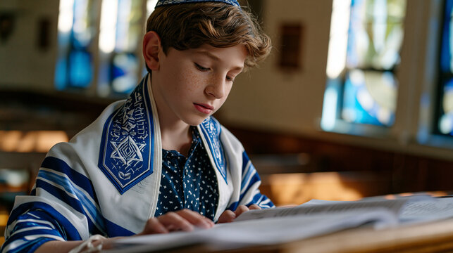 Bar mitzvah boy rehearsing Torah chanting alone at bimah with notes spread before him, empty synagogue sanctuary, afternoon light slanting through tall windows, preparation milestone coming-of-age J
