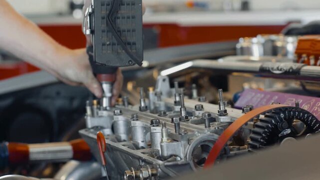 Mechanic using a power tool to tighten bolts on a highperformance car engine cylinder head