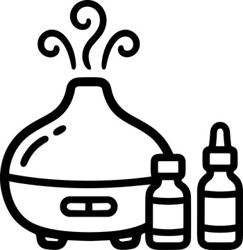 Aromatherapy diffuser with essential oil bottles, line art icon