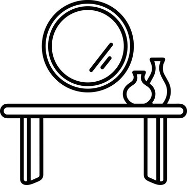 Minimalist Console Table with Round Mirror and Vases - Line Art Illustration