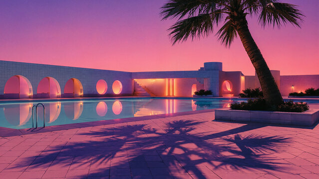Retro Futuristic Resort Pool at Dusk with Palm Shadows and Pastel Neon Sky