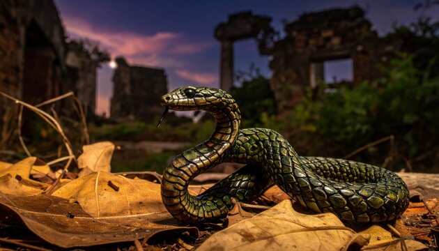 Green Snake Coiled on Autumn Leaves in Ancient Ruins at Sunset, Dramatic Sky and Overgrown Stone Walls, Macro Detail of Scales and Forked Tongue, Eerie Atmosphere