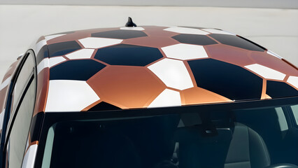 A close-up view of a car's roof with a unique soccer ball design