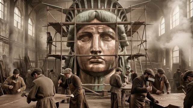 Workers construct copper head of Statue of Liberty in large 19th century industrial workshop, showcasing historical craftsmanship and engineering.