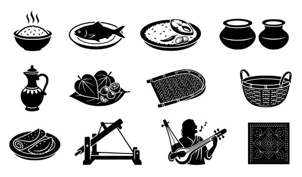 Traditional Bengali Food and Rural Life Black and White Silhouette Icon Set Vector Illustration