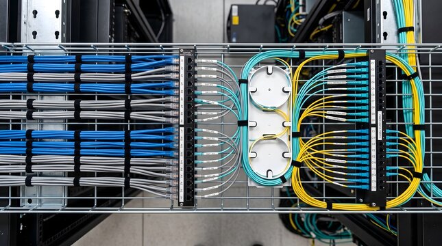Horizontal flat lay of high-speed networking copper cables and fiber optic patch cords neatly arranged on a clean, industrial steel mesh tray, emphasizing organized cable routing and technical precisi