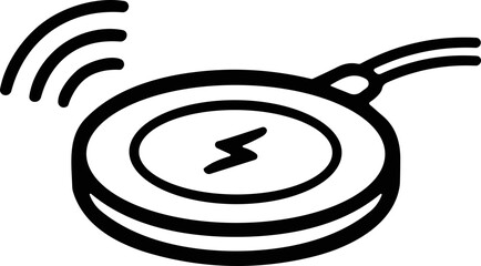 Wireless charging pad icon with energy waves, black and white line art © Palyerff