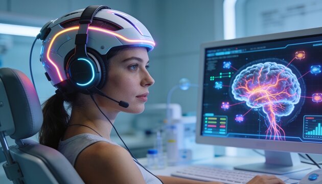 Woman in advanced neural interface headset and microphone attentively monitors brain activity visualization on a computer screen in a futuristic lab setting
