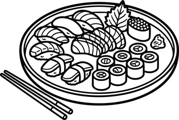 Sushi Platter Illustration - Nigiri, Sashimi, Maki Rolls with Chopsticks © Sujarwo