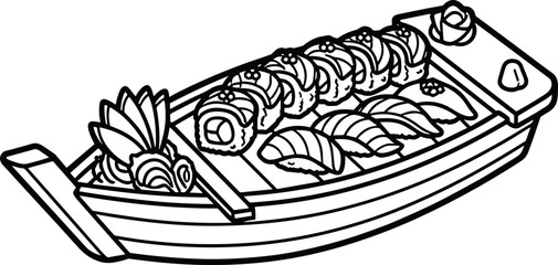Line Art Sushi Boat Assortment: Nigiri and Maki Rolls on Wooden Plate © rebok