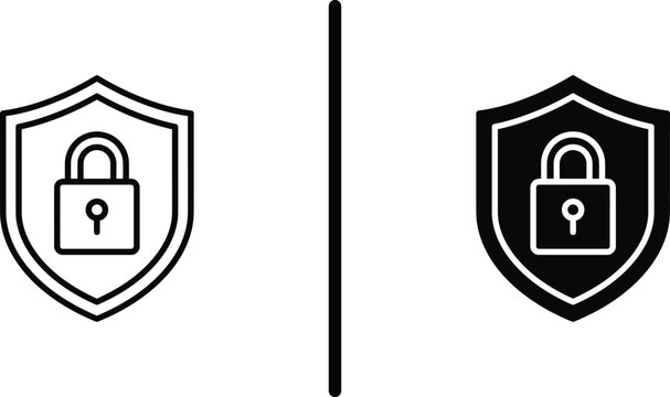 Cyber security shield and padlock vector icon set. Data protection, privacy safety, network defense, and information security concept.