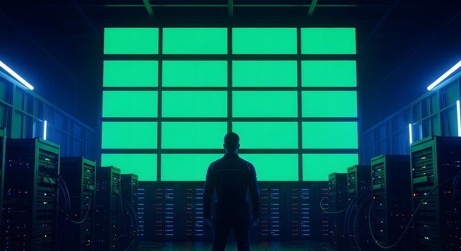 Silhouette of a person standing in front of a wall of glowing green monitors in a dark server room.