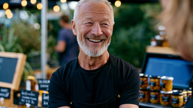 Retired man in his early seventies at a farmers market stall selling jarred preserves he made himself, handwritten price cards, cash box open, conversing with a customer, the small commercial confid