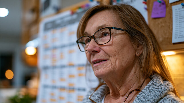 Retired nurse reviewing a part-time hospice volunteer schedule on a printed calendar pinned to a corkboard, reading glasses hanging from her collar, warm kitchen light behind her, purposeful express