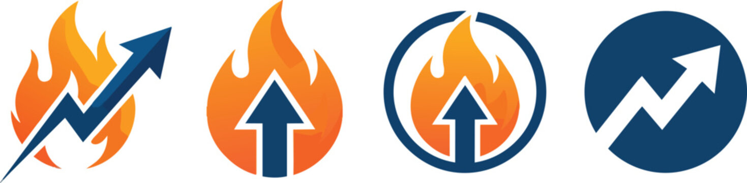 Set of four creative business growth icons featuring rising arrows and orange fire on transparent background