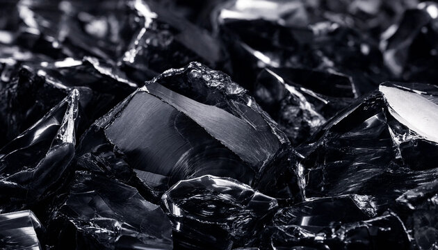 Close up detail of sharp volcanic obsidian glass fragments lying on a dark surface with obsidian volcanic fragments geological mineralogy abstract background detailed formation