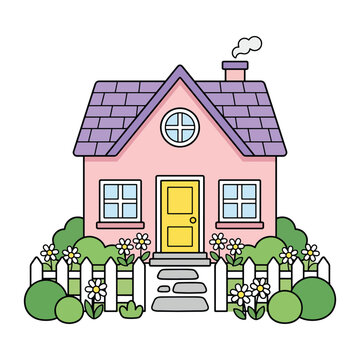 Cute pink cartoon house with purple roof and white picket fence vector illustration