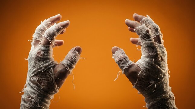 Two hands wrapped in tattered, distressed gauze bandages are raised against a vibrant orange background, creating a classic mummy-inspired Halloween look.