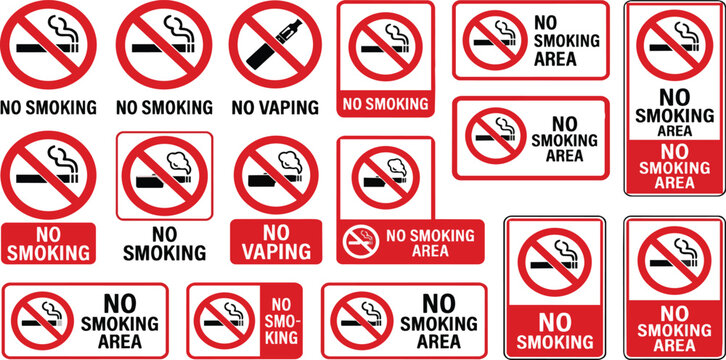 Set of various no smoking and no vaping signs in a professional vector graphic on transparent background