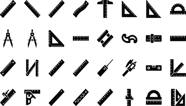 Collection of various black engineering drawing tools and equipment icons on white background