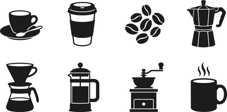 Coffee preparation and drink silhouettes featuring cups, beans, espresso maker, pour‑over, French press, grinder, and mug