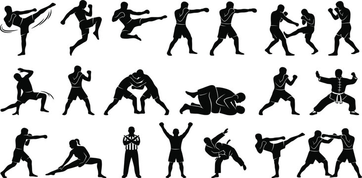 Martial Arts and Combat Sports Silhouette Collection Featuring Kickboxing, MMA, Karate, Wrestling, Self Defense and Fighting Poses