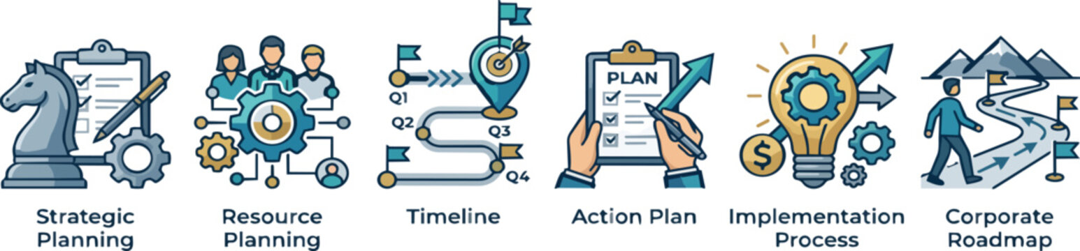 Professional business management icons set featuring strategy and planning concepts presented as vector on transparent background